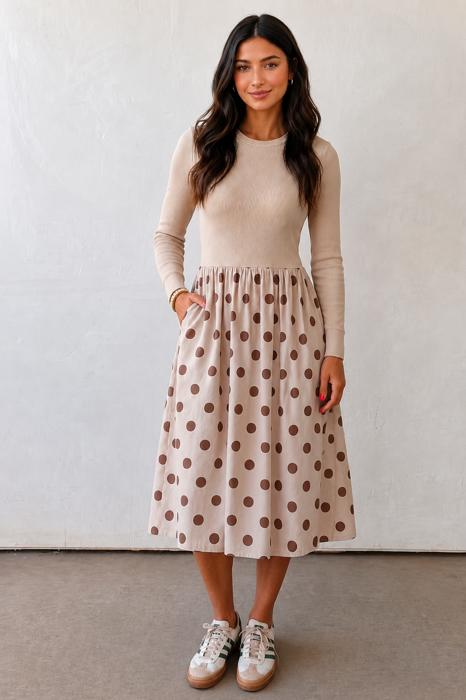 Cafe au Lait Polka Dot Midi Dress