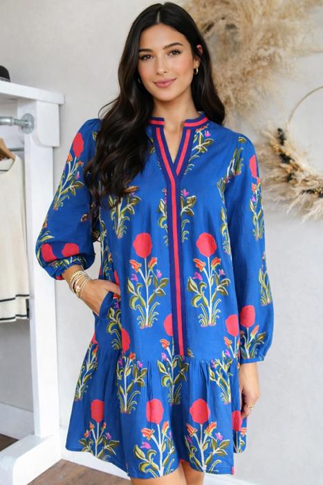 Sapphire Bloom Kaftan Mini Dress