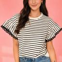  Mono Stripe Lace Flutter Top