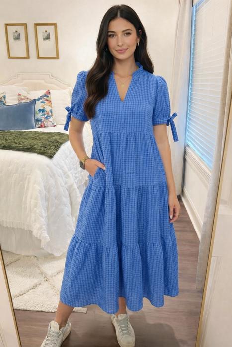 Sky Gingham Tie-Sleeve Midi Dress