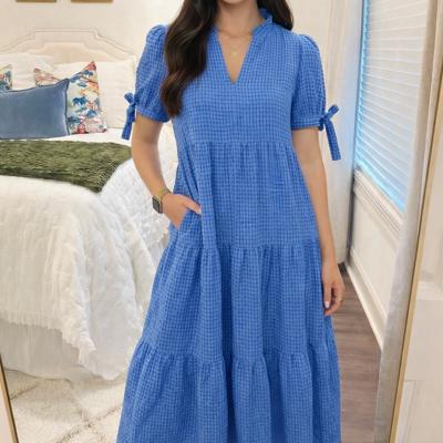 Sky Gingham Tie-Sleeve Midi Dress