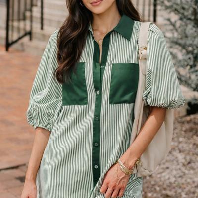 Sage Stripe Pocket Shirt Dress