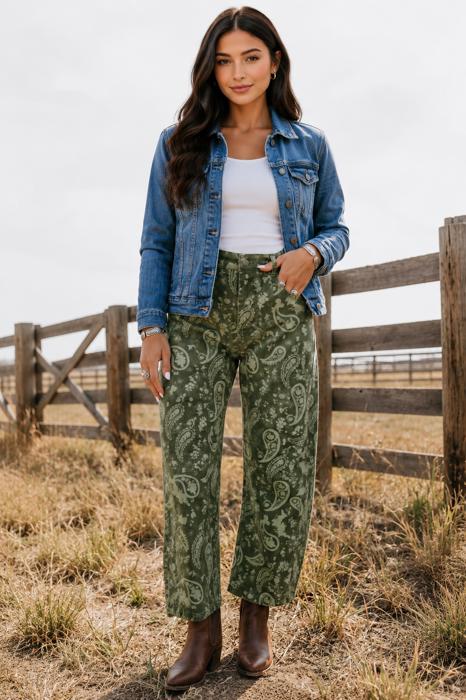 Olive Paisley Barrel Leg Jeans