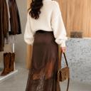  Mocha Lace Overlay Satin Midi Skirt
