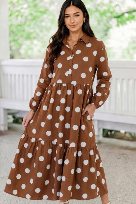 Cinnamon Charm Polka Dot Tiered Midi Dress
