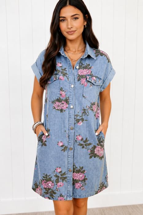 Blush Bloom Denim Shirt Dress