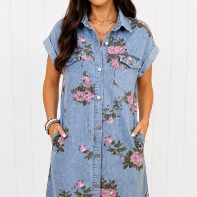 Blush Bloom Denim Shirt Dress