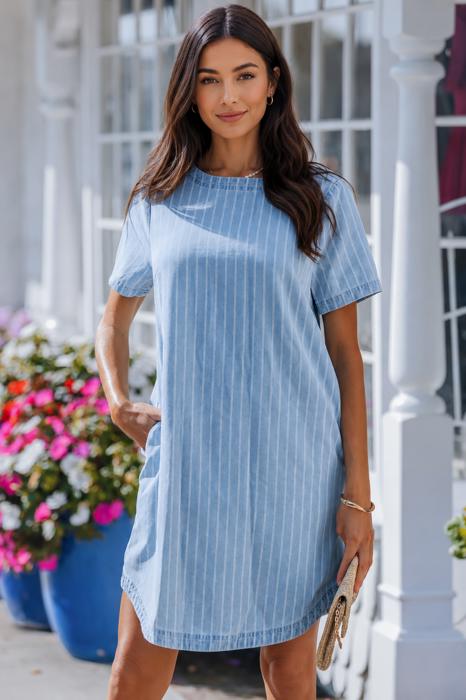 Coastal Breeze Pinstripe Denim Dress