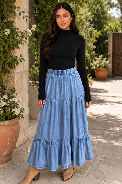Prairie Breeze Tiered Denim Maxi Skirt