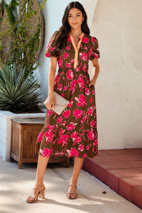 Olive Blossom Charm Midi Dress