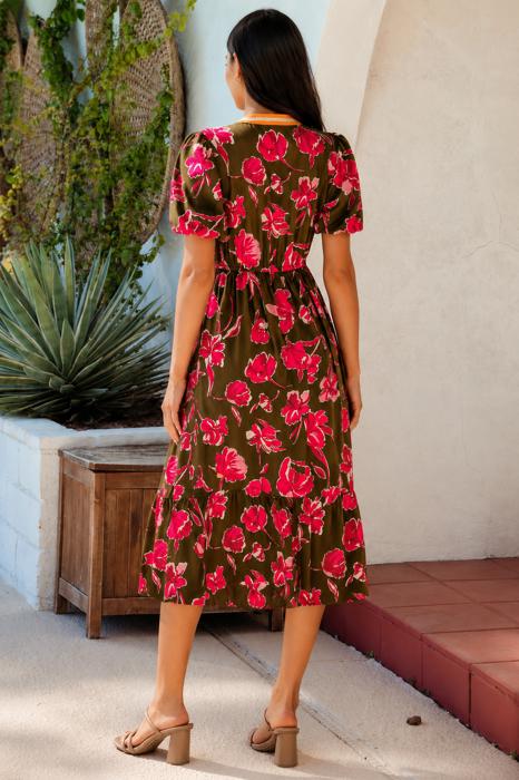 Olive Blossom Charm Midi Dress