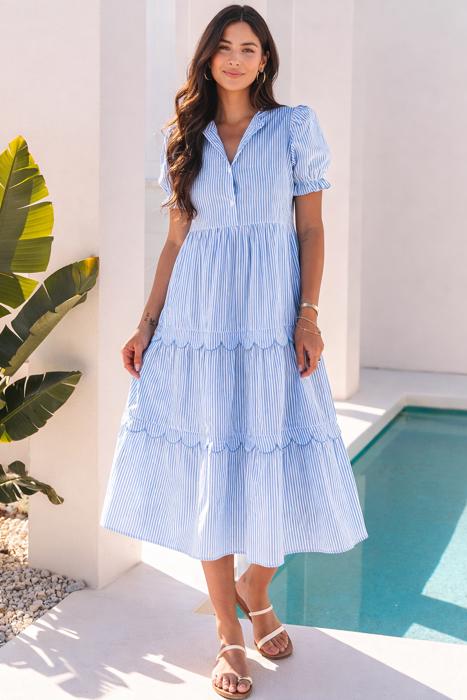 Sky Stripe Scallop Tier Midi Dress