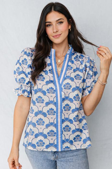 Azure Blossom Shirred Neck Blouse
