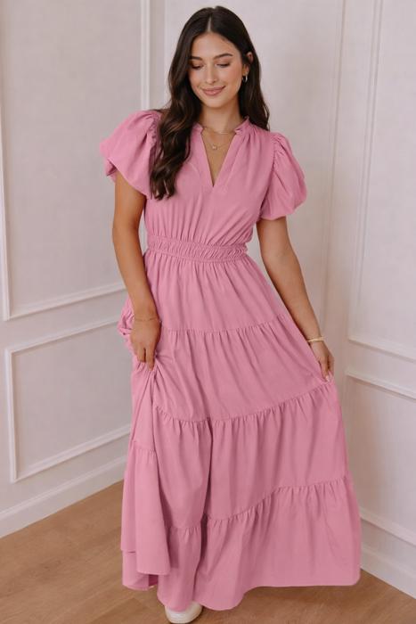 Blush Tiered Puff Sleeve Maxi Dress
