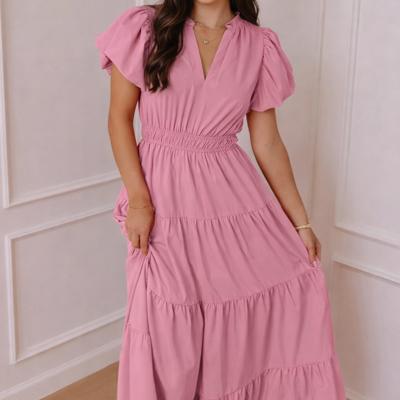 Blush Tiered Puff Sleeve Maxi Dress