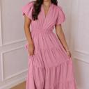  Blush Tiered Puff Sleeve Maxi Dress