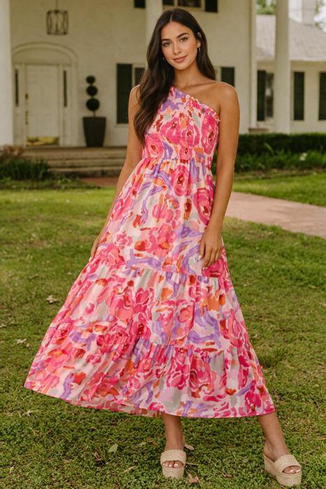 Watercolor One-Shoulder Maxi Dress