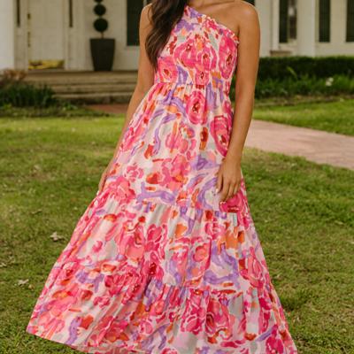 Watercolor One-Shoulder Maxi Dress