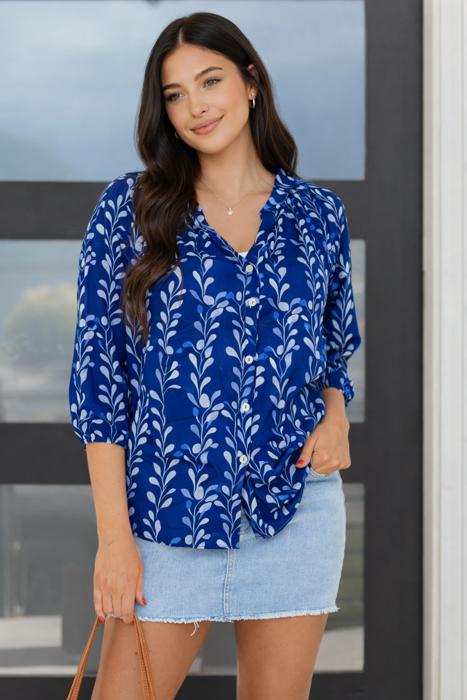 Cobalt Leaf Whisper Blouse