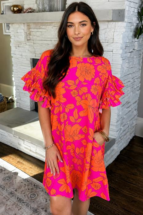 Electric Bloom Ruffle Sleeve Dress
