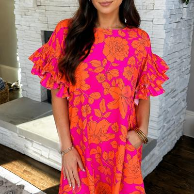 Electric Bloom Ruffle Sleeve Dress