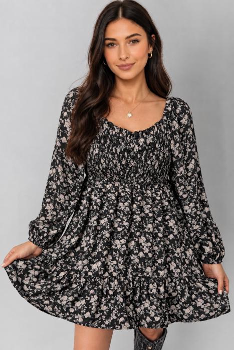 Midnight Floral Smocked Mini Dress
