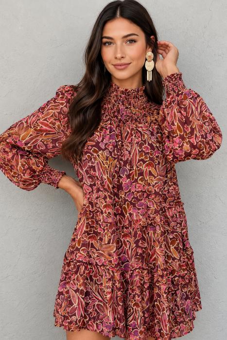 Crimson Meadow Smocked Mini Dress