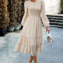 Beige Small Long Sleeves Dotted Smocked Tiered Midi Dress