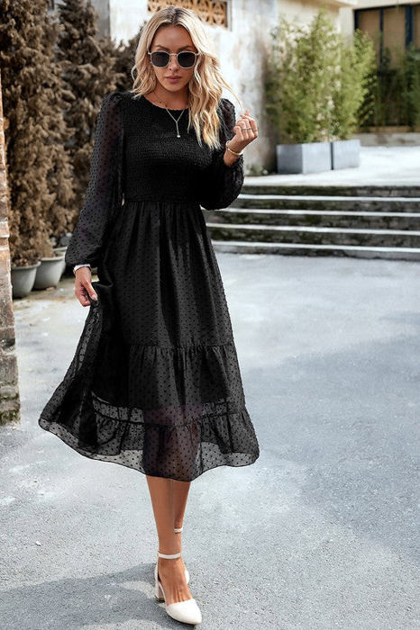 Long Sleeves Dotted Smocked Tiered Midi Dress