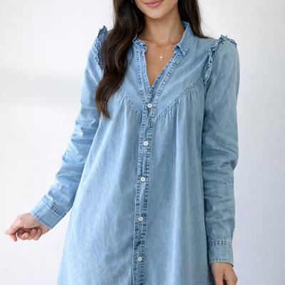 Sky Denim Ruffle Yoke Shirt Dress