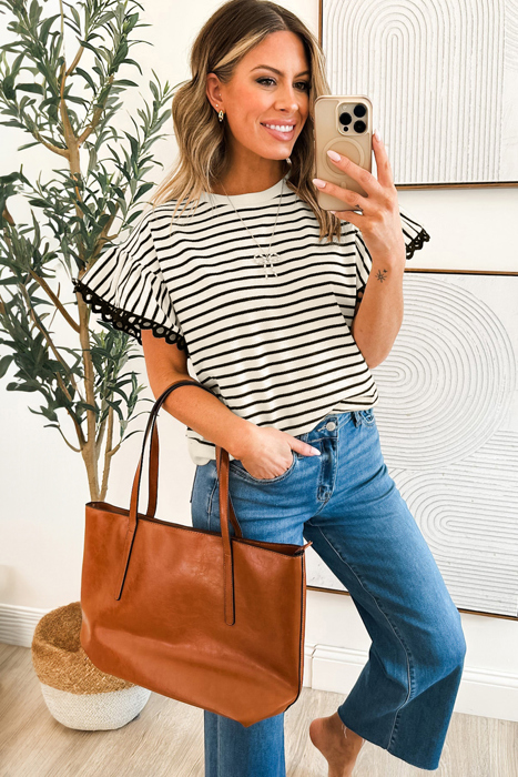 Mono Stripe Lace Flutter Top