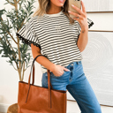  Mono Stripe Lace Flutter Top