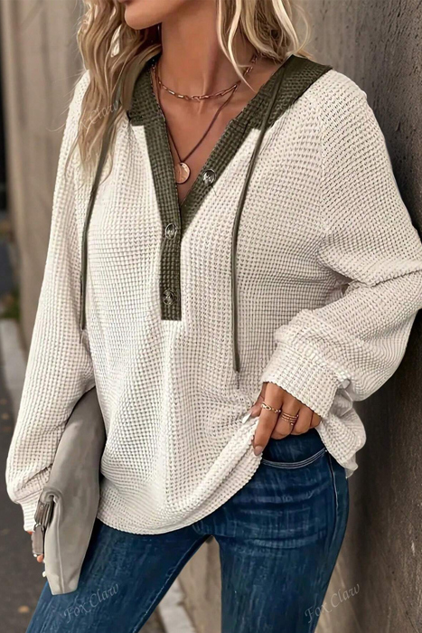Cozy Olive Contrast Waffle Hoodie