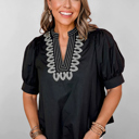  Ebony Embroidered Peasant Blouse