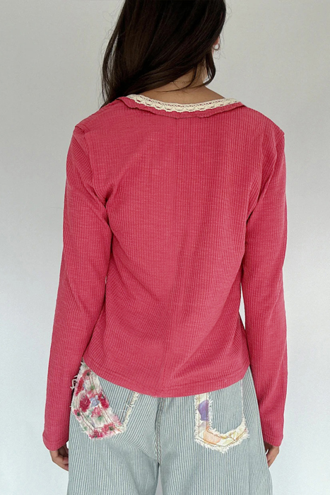 Rosy Haven Lace-Trim Henley Top