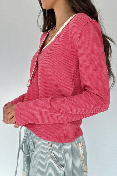 Rosy Haven Lace-Trim Henley Top