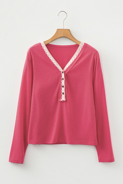 Rosy Haven Lace-Trim Henley Top