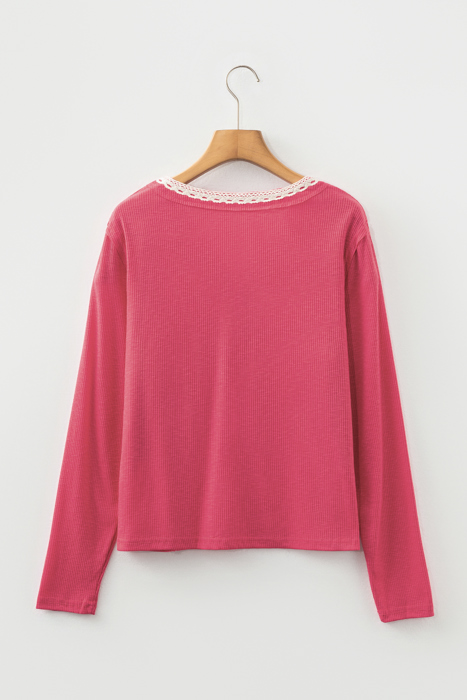Rosy Haven Lace-Trim Henley Top