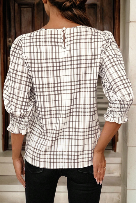 Cafe Check Ruffle-Cuff Blouse