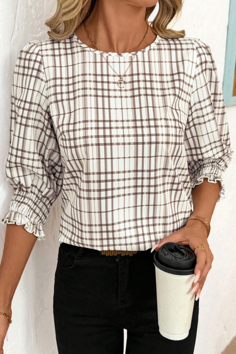 Cafe Check Ruffle-Cuff Blouse