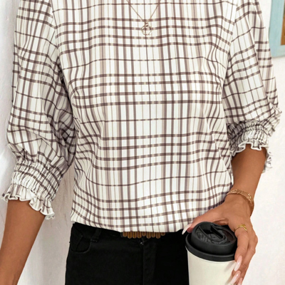 Cafe Check Ruffle-Cuff Blouse