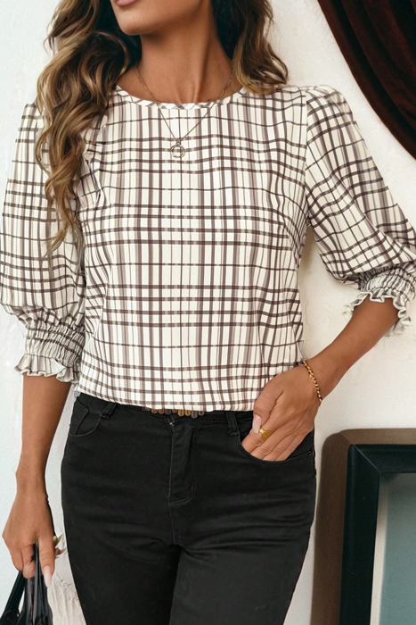 Cafe Check Ruffle-Cuff Blouse