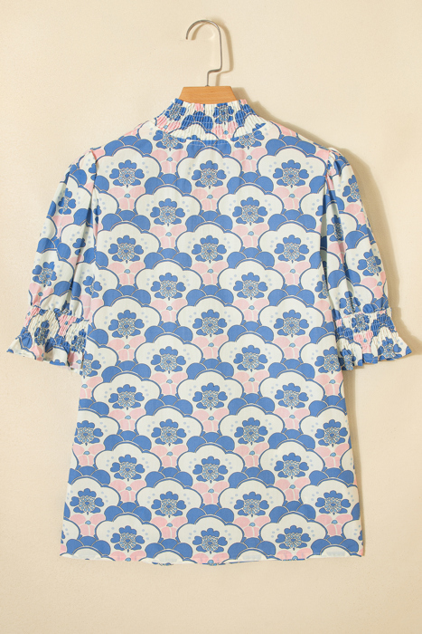 Azure Blossom Shirred Neck Blouse