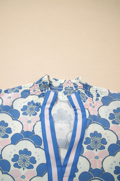 Azure Blossom Shirred Neck Blouse