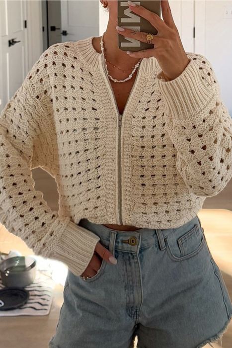 Soft Breeze Crochet Zip Cardigan