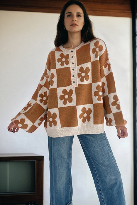 Retro Bloom Henley Sweater