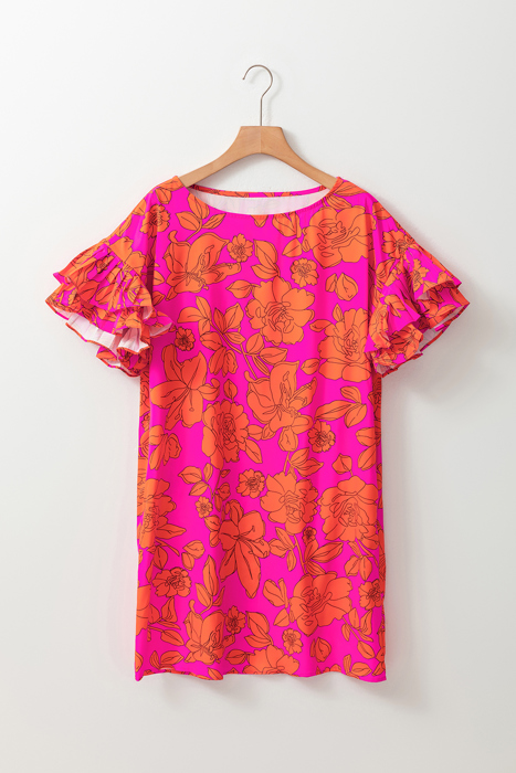 Electric Bloom Ruffle Sleeve Dress