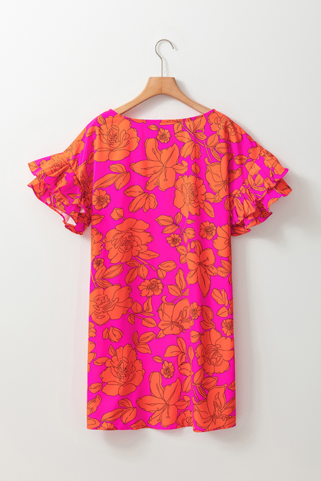 Electric Bloom Ruffle Sleeve Dress