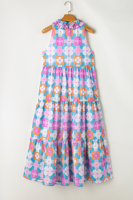 Rainbow Bloom Ruffle Tiered Midi Dress