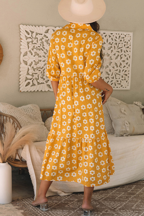Sunlit Daisy Tiered Midi Dress